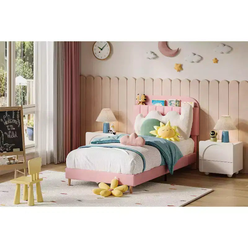 Twin Size Velvet Upholstered Platform Bed Frame with Storage Headboard, Durable Wooden Slats, Quiet Design, Easy Assembly, No Box Spring Required