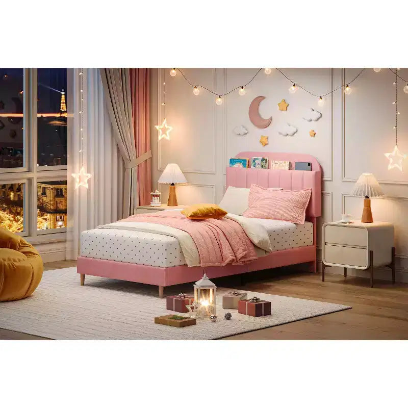 Cadre de lit plateforme double rembourré en velours avec tête de lit de rangement, lattes en bois durables, conception silencieuse, assemblage facile, aucun sommier tapissier requis