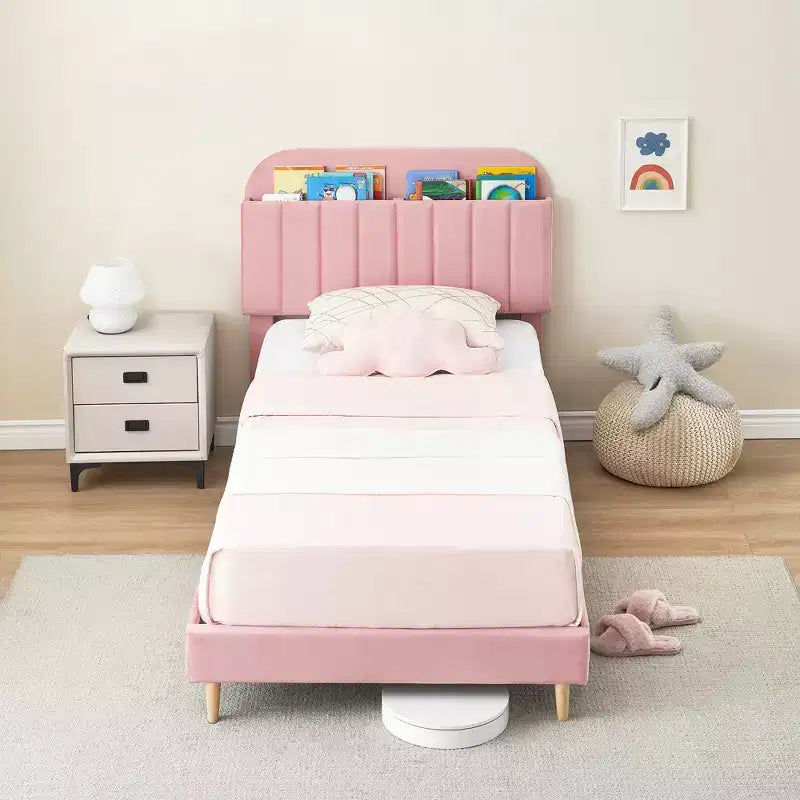 Cadre de lit plateforme double rembourré en velours avec tête de lit de rangement, lattes en bois durables, conception silencieuse, assemblage facile, aucun sommier tapissier requis