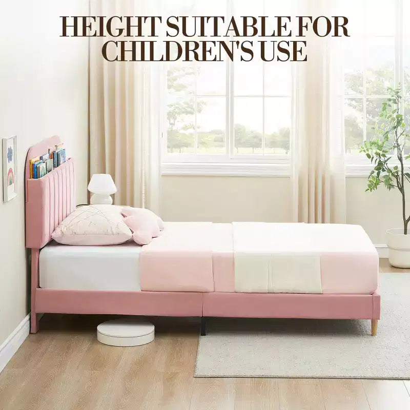 Cadre de lit plateforme double rembourré en velours avec tête de lit de rangement, lattes en bois durables, conception silencieuse, assemblage facile, aucun sommier tapissier requis