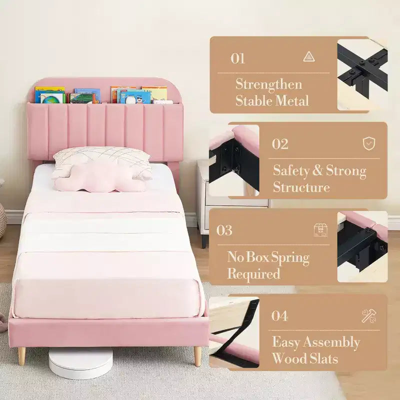 Cadre de lit plateforme double rembourré en velours avec tête de lit de rangement, lattes en bois durables, conception silencieuse, assemblage facile, aucun sommier tapissier requis