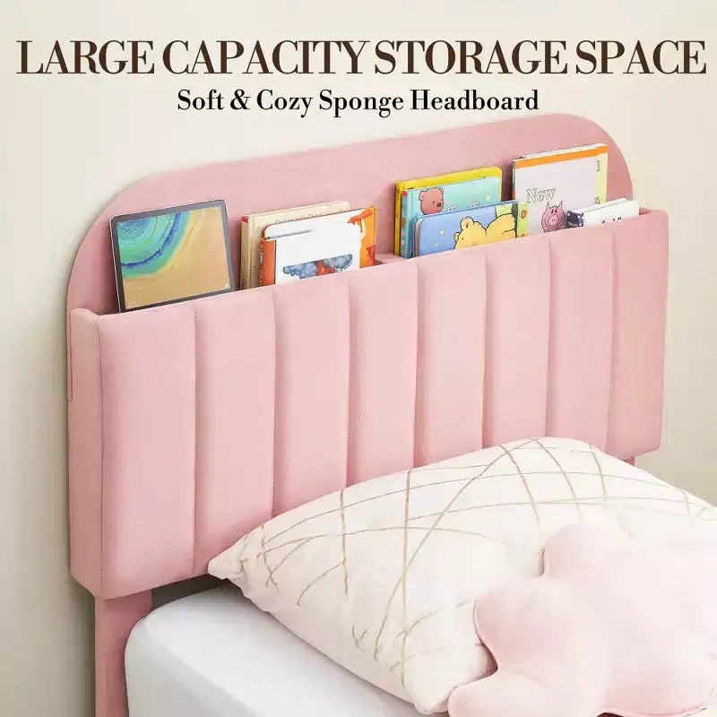 Cadre de lit plateforme double rembourré en velours avec tête de lit de rangement, lattes en bois durables, conception silencieuse, assemblage facile, aucun sommier tapissier requis