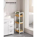 3-Tier Bamboo Rolling Cart with Adjustable Shelf, 11.8x31.5 Inch Slim Storage Organizer for Kitchen Bathroom, White and Natural