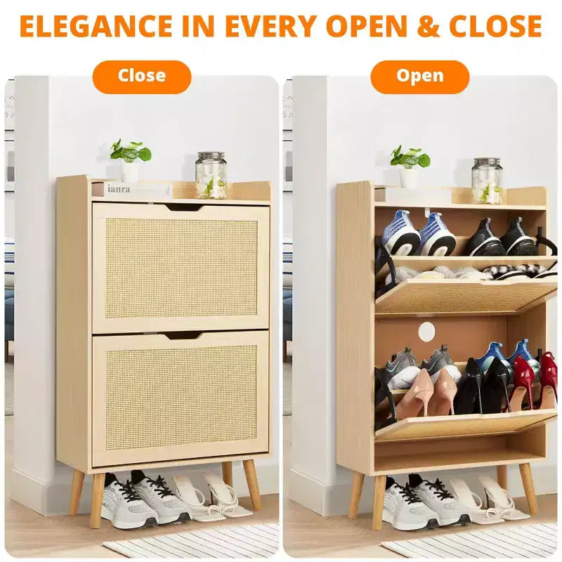 Meuble à chaussures 2 niveaux en rotin Peut contenir 12 à 18 paires pour l'entrée/le placard (Conception anti-basculement)
