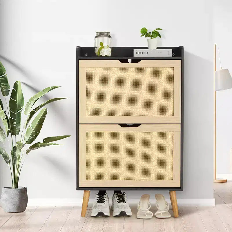 Meuble à chaussures 2 niveaux en rotin Peut contenir 12 à 18 paires pour l'entrée/le placard (Conception anti-basculement)