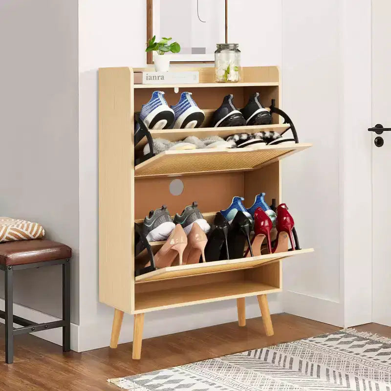 Meuble à chaussures 2 niveaux en rotin Peut contenir 12 à 18 paires pour l'entrée/le placard (Conception anti-basculement)