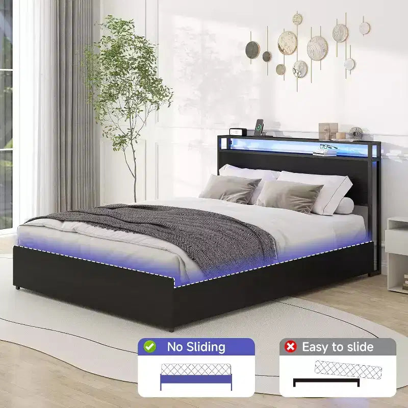 Cadre de lit complet Zevemomo avec 4 tiroirs de rangement, cadre de lit double avec tête de lit, LED, support à lattes en métal robuste, silencieux, noir