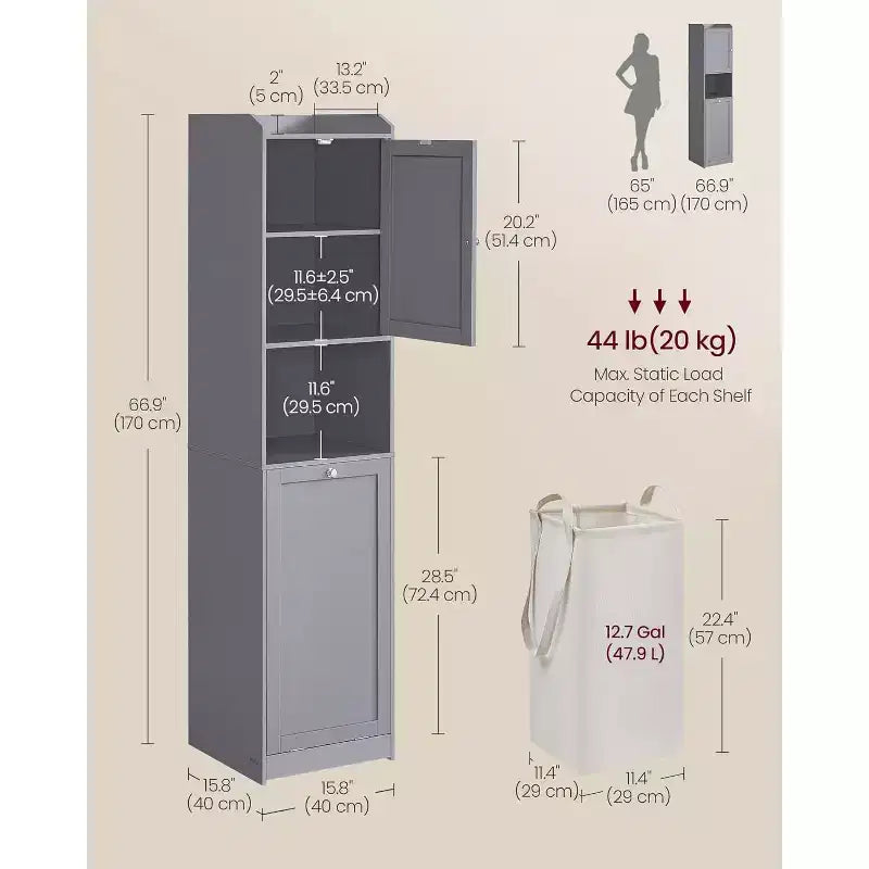 Meuble haut de salle de bain Dcolora avec panier à linge, Panier à linge amovible avec poignées, Compartiment avec porte