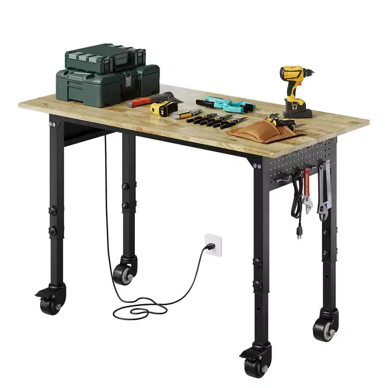 Établi robuste réglable 1000 kg - Table de travail roulante avec roulettes verrouillables et panneau perforé, poste de travail mobile du garage à la salle d'artisanat