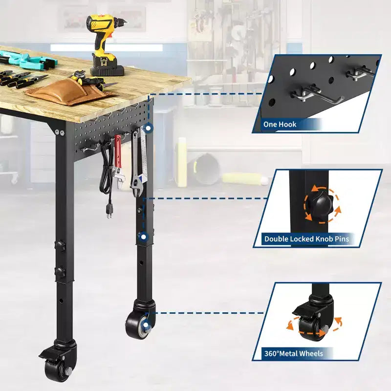 Établi robuste réglable 1000 kg - Table de travail roulante avec roulettes verrouillables et panneau perforé, poste de travail mobile du garage à la salle d'artisanat