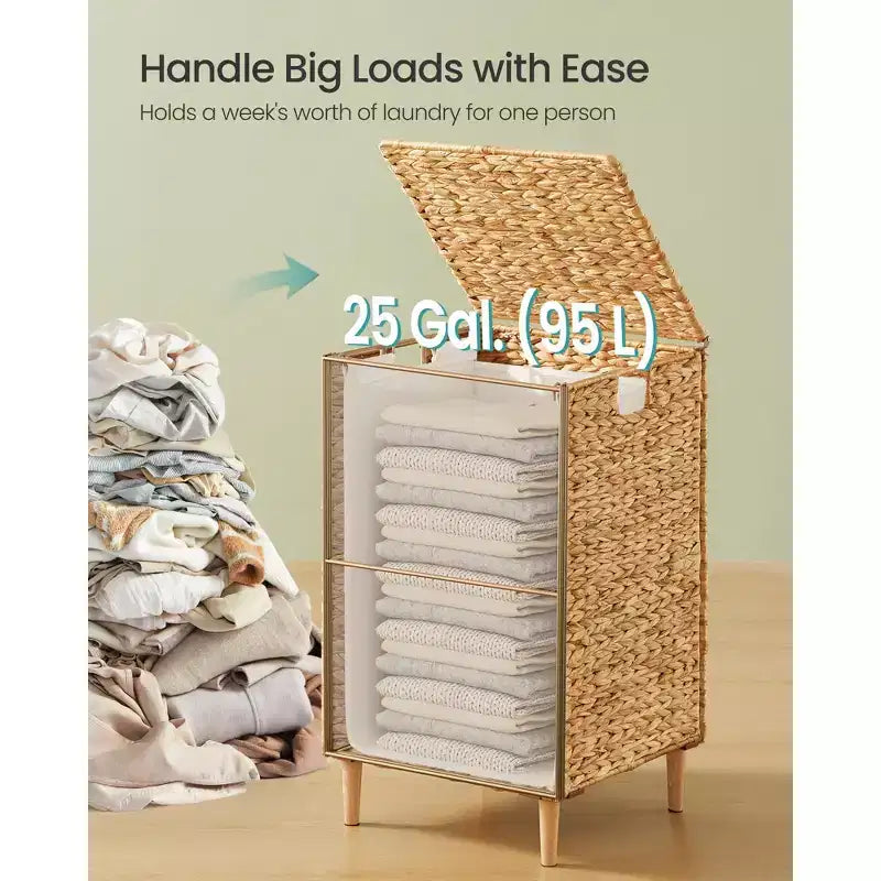 Panier à linge tressé à la main de 95 litres avec couvercle et doublure lavable, panier en jacinthe d'eau naturelle avec pieds en bois, cadre en acier