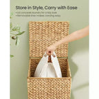 Panier à linge tressé à la main de 95 litres avec couvercle et doublure lavable, panier en jacinthe d'eau naturelle avec pieds en bois, cadre en acier