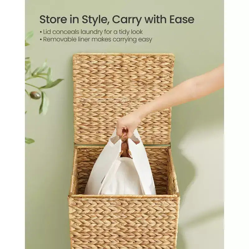 Panier à linge tressé à la main de 95 litres avec couvercle et doublure lavable, panier en jacinthe d'eau naturelle avec pieds en bois, cadre en acier
