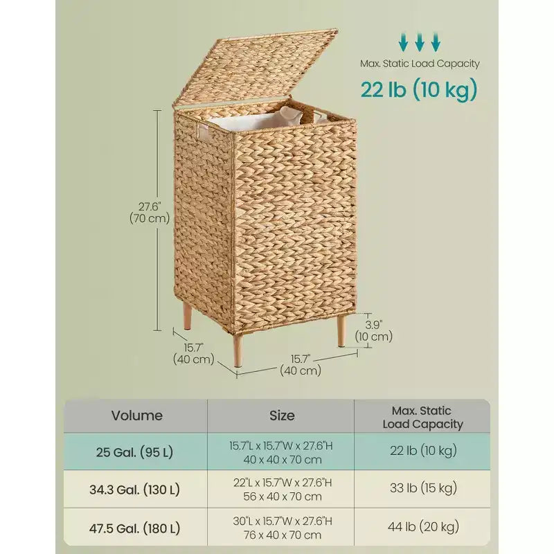 Panier à linge tressé à la main de 95 litres avec couvercle et doublure lavable, panier en jacinthe d'eau naturelle avec pieds en bois, cadre en acier