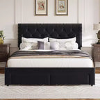 King Size Upholstered Bed Frame with 2 Drawers, Velvet Bed Frame with Button Tufted Headboard, Wooden Slat Support, Noise Free, No Box Spring Needed