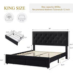 Cadre de lit rembourré King Size avec 2 tiroirs, lit en velours avec tête de lit capitonnée, support à lattes en bois, silencieux, aucun sommier tapissier requis