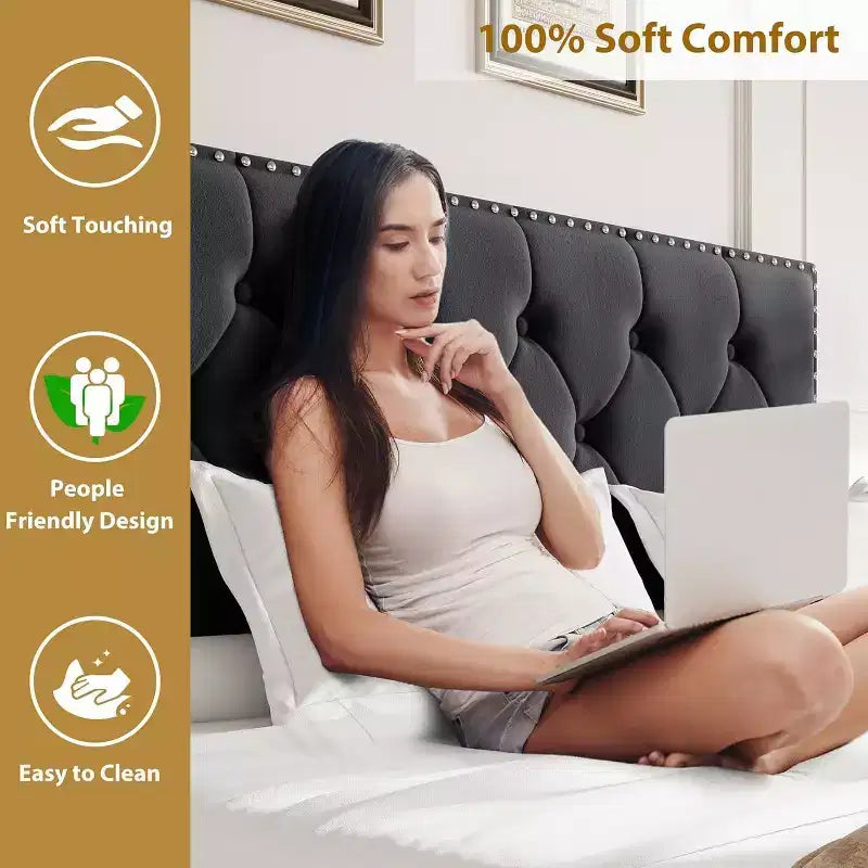 Cadre de lit rembourré King Size avec 2 tiroirs, lit en velours avec tête de lit capitonnée, support à lattes en bois, silencieux, aucun sommier tapissier requis