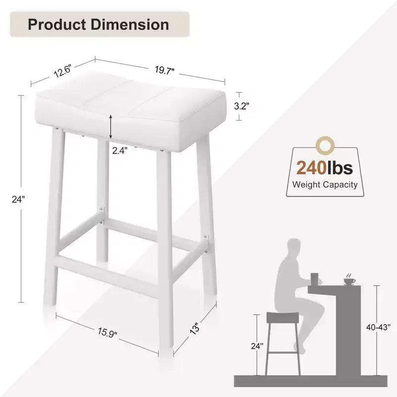 Tabourets de bar en cuir PU de 61 cm, lot de 2, tabourets de bar hauteur comptoir, pieds en métal, sièges épais en forme de selle, tabourets de petit-déjeuner, pour la cuisine