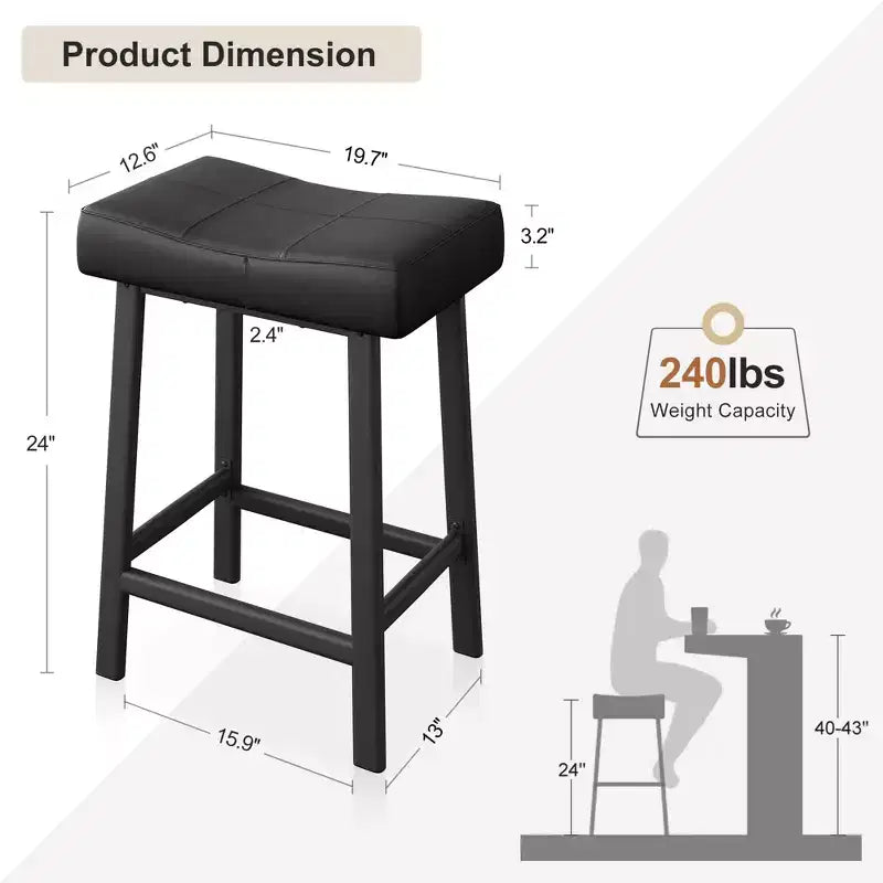 Tabourets de bar en cuir PU de 61 cm, lot de 2, tabourets de bar hauteur comptoir, pieds en métal, sièges épais en forme de selle, tabourets de petit-déjeuner, pour la cuisine