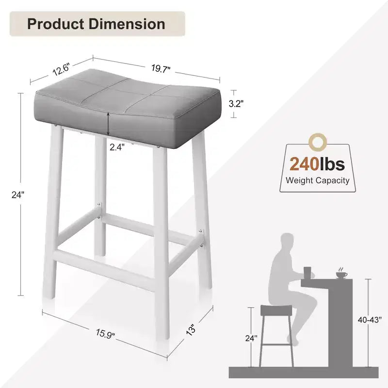 Tabourets de bar en cuir PU de 61 cm, lot de 2, tabourets de bar hauteur comptoir, pieds en métal, sièges épais en forme de selle, tabourets de petit-déjeuner, pour la cuisine