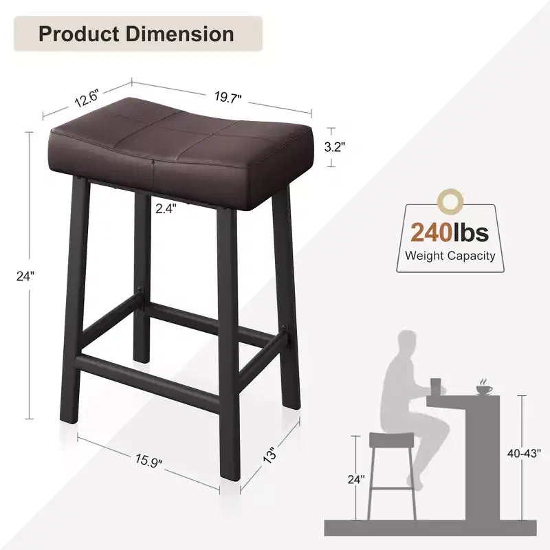 Tabourets de bar en cuir PU de 61 cm, lot de 2, tabourets de bar hauteur comptoir, pieds en métal, sièges épais en forme de selle, tabourets de petit-déjeuner, pour la cuisine