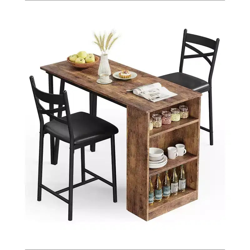 Ensemble de table de bar 3 pièces pour 2 personnes, ensemble table et chaises de bar avec extension relevable, ensemble de salle à manger avec étagères de rangement, convient aux petits espaces