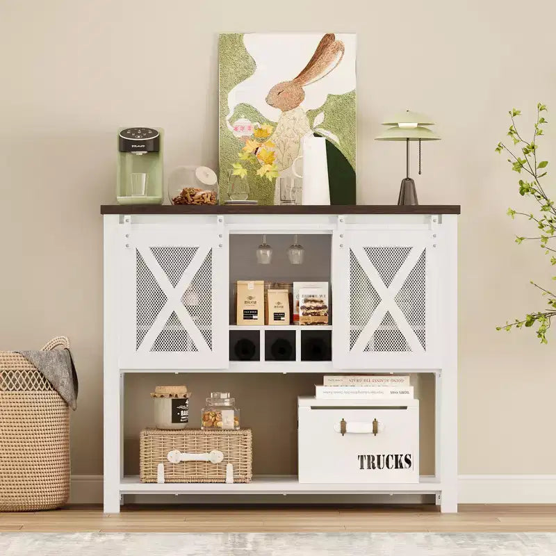 Buffet de cuisine CuisinSmart, meuble bar à vin avec porte coulissante de style grange, armoire à café avec porte-bouteilles, pour salon et salle à manger