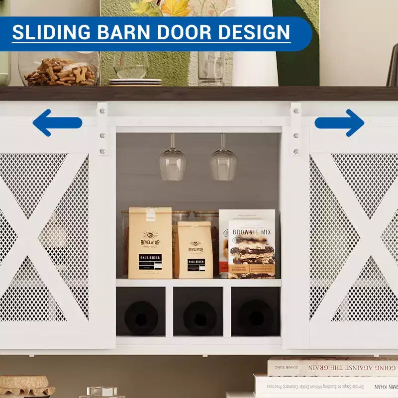 Buffet de cuisine CuisinSmart, meuble bar à vin avec porte coulissante de style grange, armoire à café avec porte-bouteilles, pour salon et salle à manger
