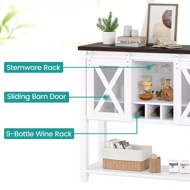 Buffet de cuisine CuisinSmart, meuble bar à vin avec porte coulissante de style grange, armoire à café avec porte-bouteilles, pour salon et salle à manger