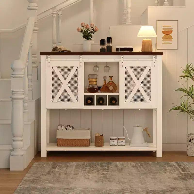 Buffet de cuisine CuisinSmart, meuble bar à vin avec porte coulissante de style grange, armoire à café avec porte-bouteilles, pour salon et salle à manger