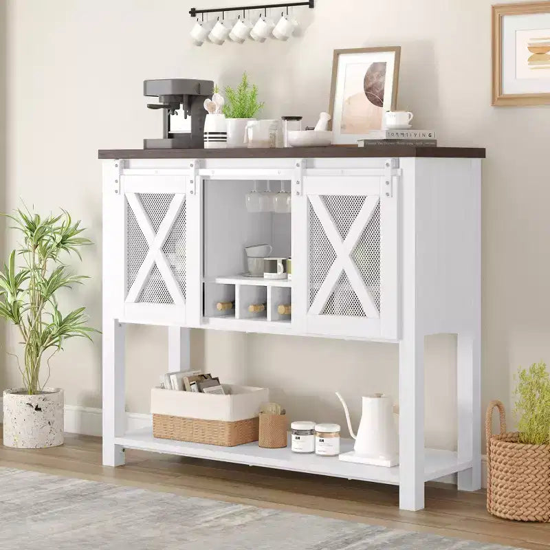 Buffet de cuisine CuisinSmart, meuble bar à vin avec porte coulissante de style grange, armoire à café avec porte-bouteilles, pour salon et salle à manger