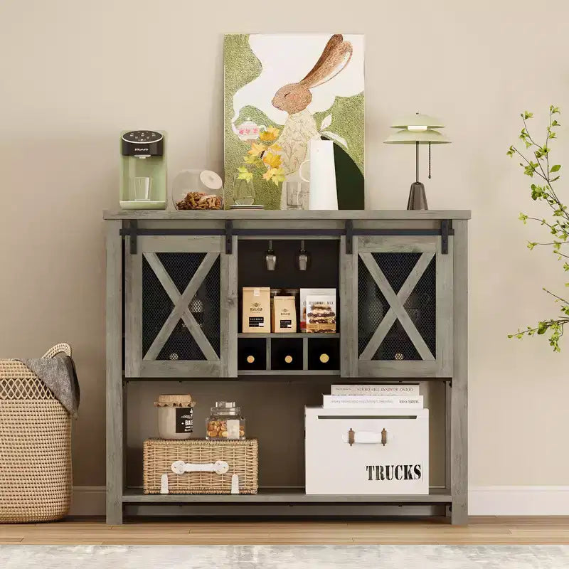 Buffet de cuisine CuisinSmart, meuble bar à vin avec porte coulissante de style grange, armoire à café avec porte-bouteilles, pour salon et salle à manger