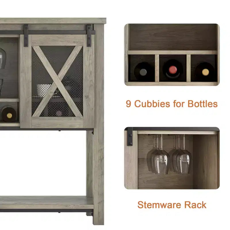 Buffet de cuisine CuisinSmart, meuble bar à vin avec porte coulissante de style grange, armoire à café avec porte-bouteilles, pour salon et salle à manger
