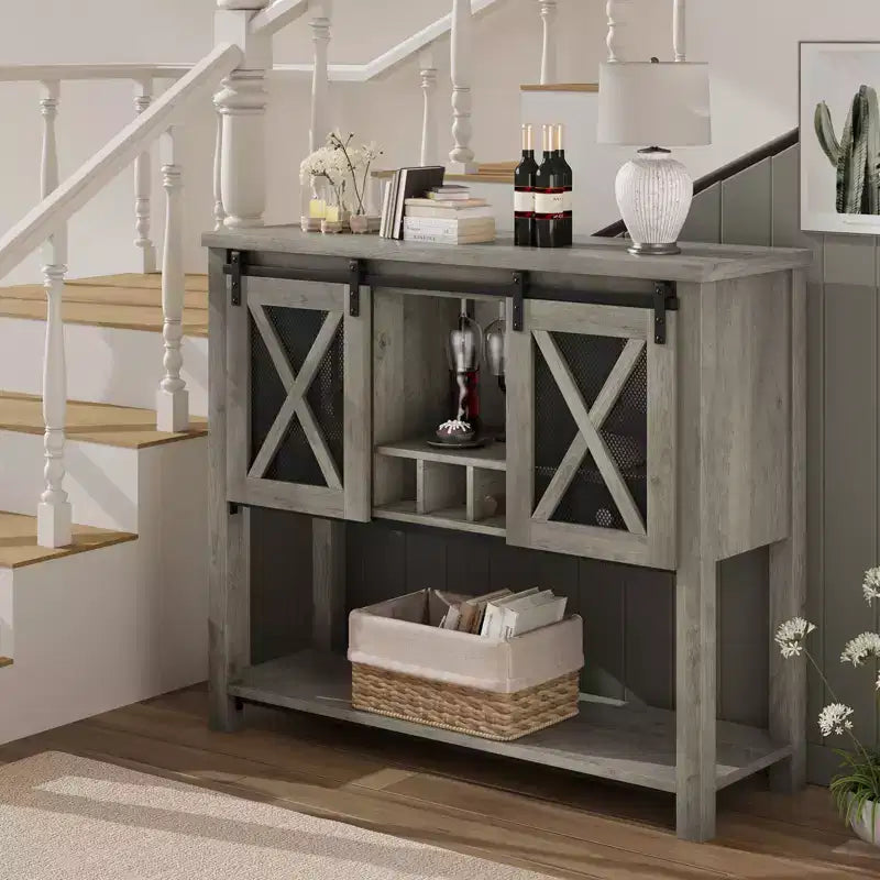 Buffet de cuisine CuisinSmart, meuble bar à vin avec porte coulissante de style grange, armoire à café avec porte-bouteilles, pour salon et salle à manger