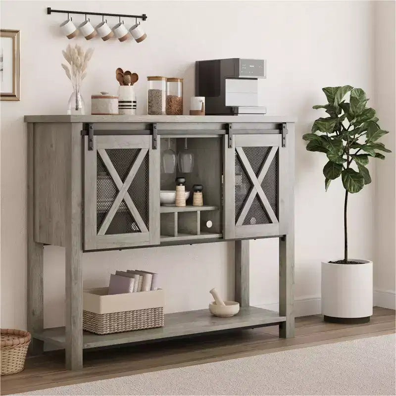 Buffet de cuisine CuisinSmart, meuble bar à vin avec porte coulissante de style grange, armoire à café avec porte-bouteilles, pour salon et salle à manger