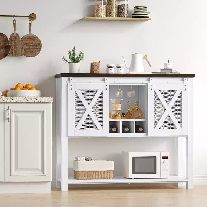 Buffet de cuisine CuisinSmart, meuble bar à vin avec porte coulissante de style grange, armoire à café avec porte-bouteilles, pour salon et salle à manger