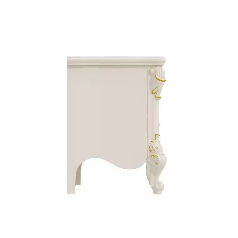 Famapy Table de Chevet Blanche Style Campagne Française avec Deux Tiroirs et Accents Dorés, Sculptures Ornées, Table d'Appoint, Rangement Élégant pour Chambre à Coucher