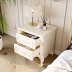 Famapy Table de Chevet Blanche Style Campagne Française avec Deux Tiroirs et Accents Dorés, Sculptures Ornées, Table d'Appoint, Rangement Élégant pour Chambre à Coucher