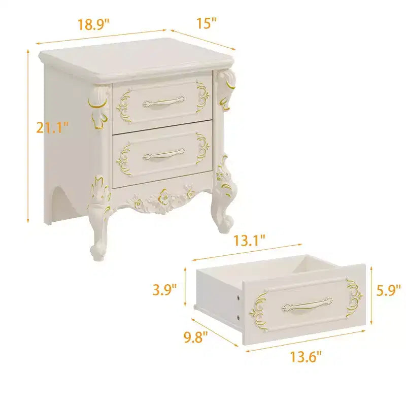 Famapy Table de Chevet Blanche Style Campagne Française avec Deux Tiroirs et Accents Dorés, Sculptures Ornées, Table d'Appoint, Rangement Élégant pour Chambre à Coucher