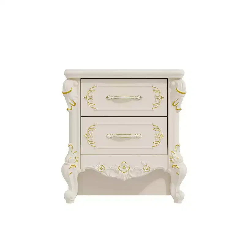 Famapy Table de Chevet Blanche Style Campagne Française avec Deux Tiroirs et Accents Dorés, Sculptures Ornées, Table d'Appoint, Rangement Élégant pour Chambre à Coucher
