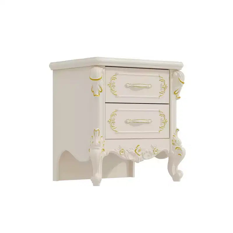 Famapy Table de Chevet Blanche Style Campagne Française avec Deux Tiroirs et Accents Dorés, Sculptures Ornées, Table d'Appoint, Rangement Élégant pour Chambre à Coucher