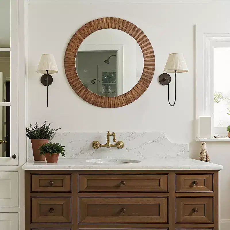 Miroir mural rond texturé en chêne rustique LuxenHome, 29 po, Décoration intérieure marron