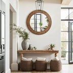 Miroir mural rond texturé en chêne rustique LuxenHome, 29 po, Décoration intérieure marron