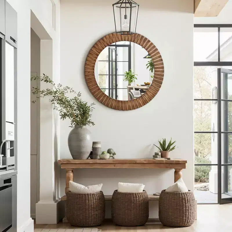 Miroir mural rond texturé en chêne rustique LuxenHome, 29 po, Décoration intérieure marron