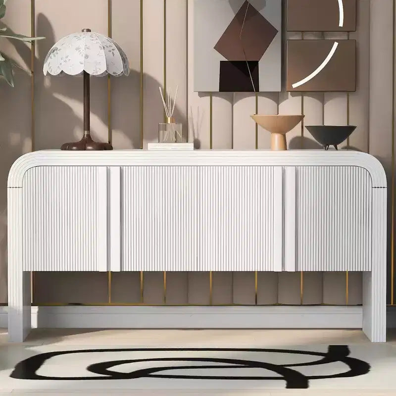Okak 63IN Modern Curved Console Table, Entryway Table with 4 Doors and Adjustable Shelf, Narrow Console Table for Hallway, Living Room