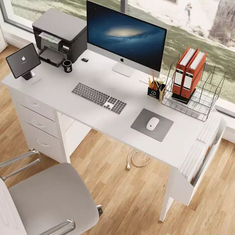 Okak Bureau d'ordinateur moderne de 120 cm avec 3 tiroirs, bureau de travail avec poche latérale, bureau de gaming pour salon, salle de lecture, bureau