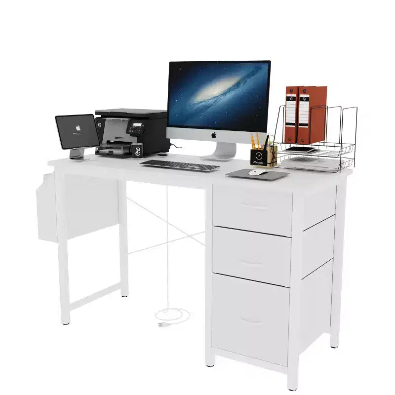 Okak Bureau d'ordinateur moderne de 120 cm avec 3 tiroirs, bureau de travail avec poche latérale, bureau de gaming pour salon, salle de lecture, bureau