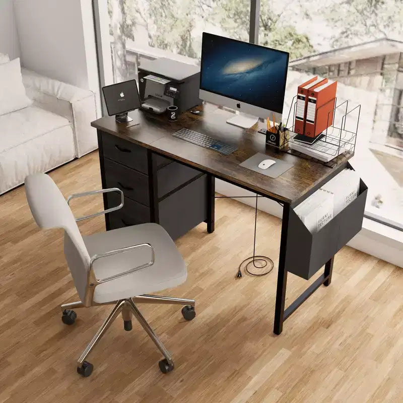 Okak Bureau d'ordinateur moderne de 120 cm avec 3 tiroirs, bureau de travail avec poche latérale, bureau de gaming pour salon, salle de lecture, bureau