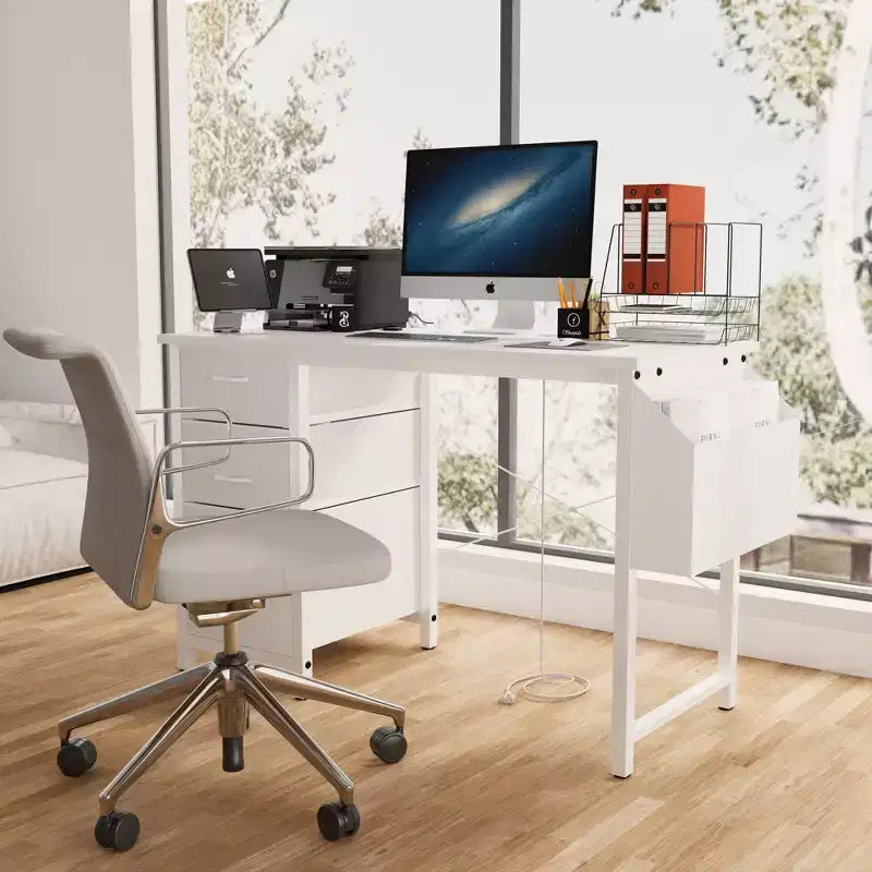Okak 47.3IN Modern Computer Desk with 3 Drawers, Office Desk with Side Pocket, Gaming Desk for Living Room, Reading Room, Office