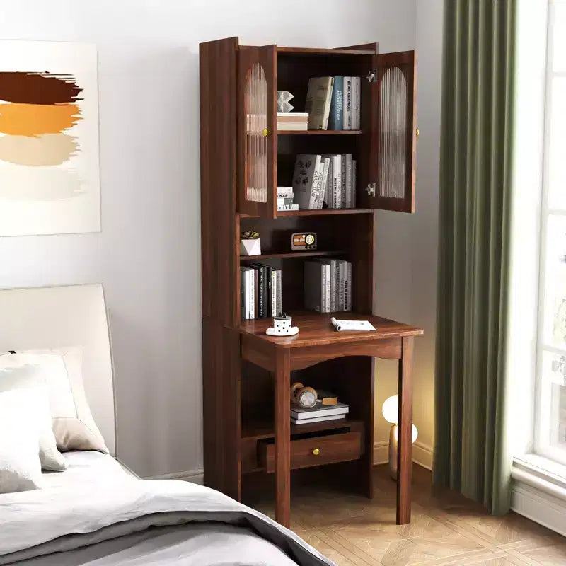 Table pliante Okak 70.87IN avec étagère, bureau debout avec 4 étagères, 1 tiroir et 2 portes vitrées, bureau d'écriture pour l'étude, salle de lecture